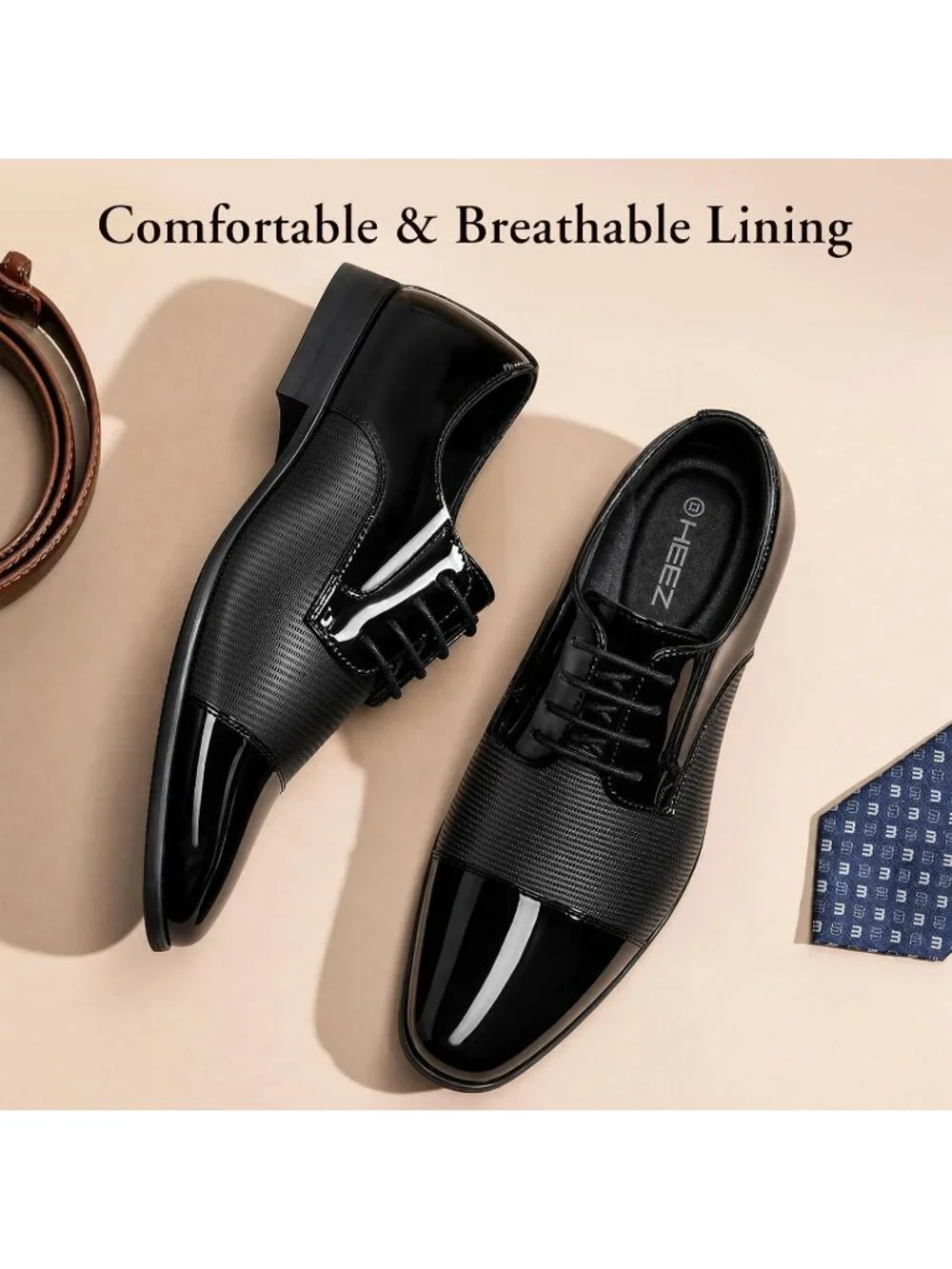 Men Black Patent Leather Shiny Textured Formal Wedding Derby Oxford Tuxedo Shoes